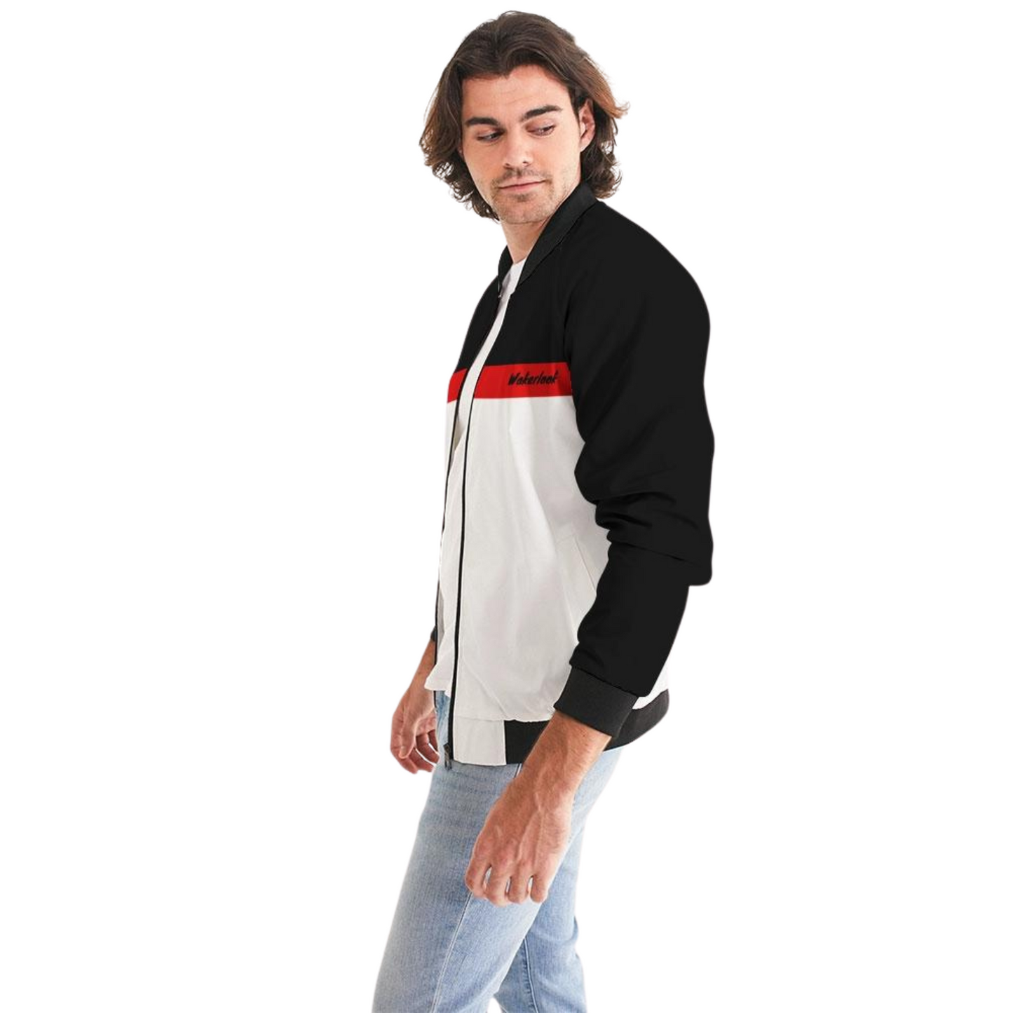Men's Wakerlook Redline Bomber Jacket – lightweight white jacket with bold black and red accents, featuring ribbed cuffs, metal zip closure, and welt pockets, perfect for casual or sportswear.