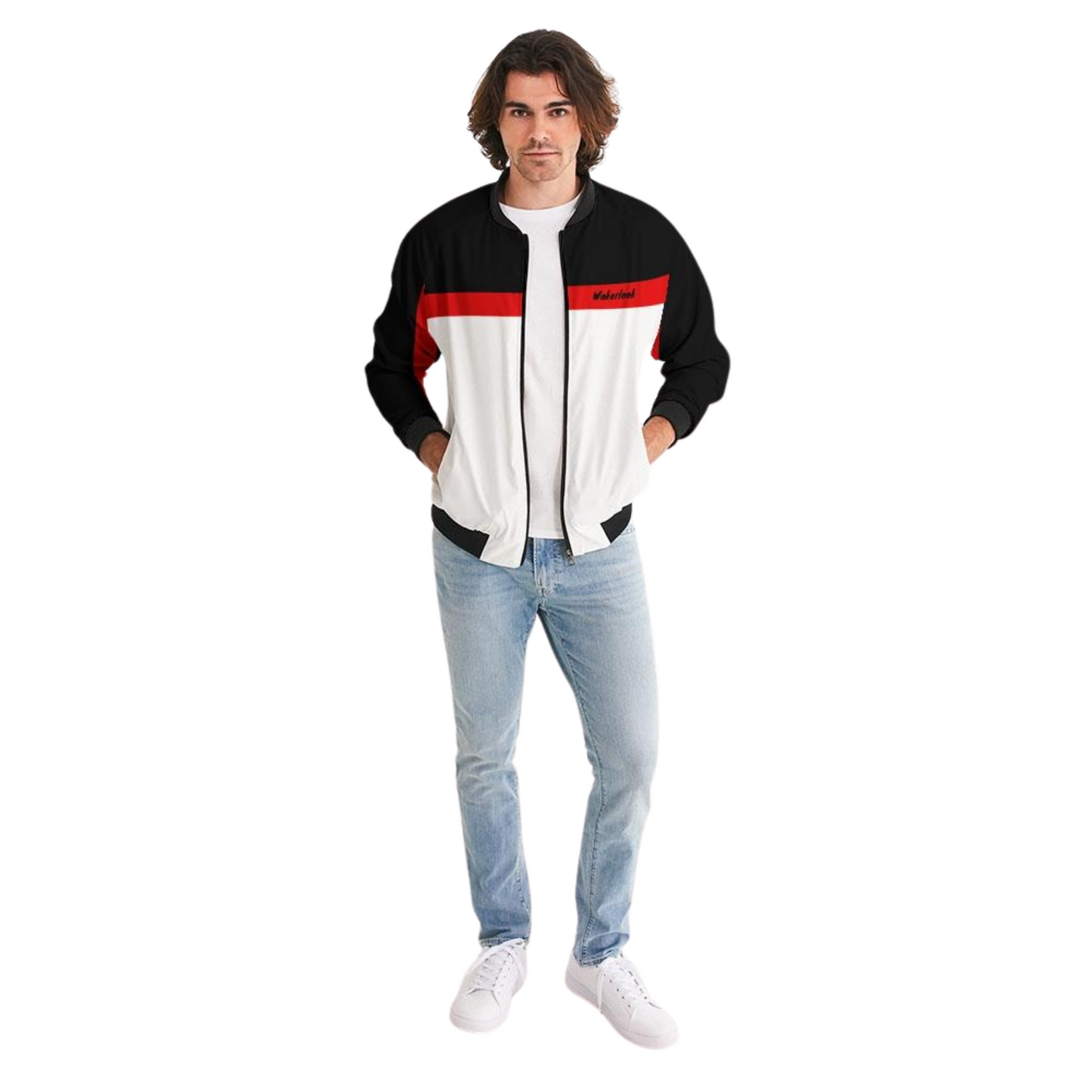 Men's Wakerlook Redline Bomber Jacket – lightweight white jacket with bold black and red accents, featuring ribbed cuffs, metal zip closure, and welt pockets, perfect for casual or sportswear.
