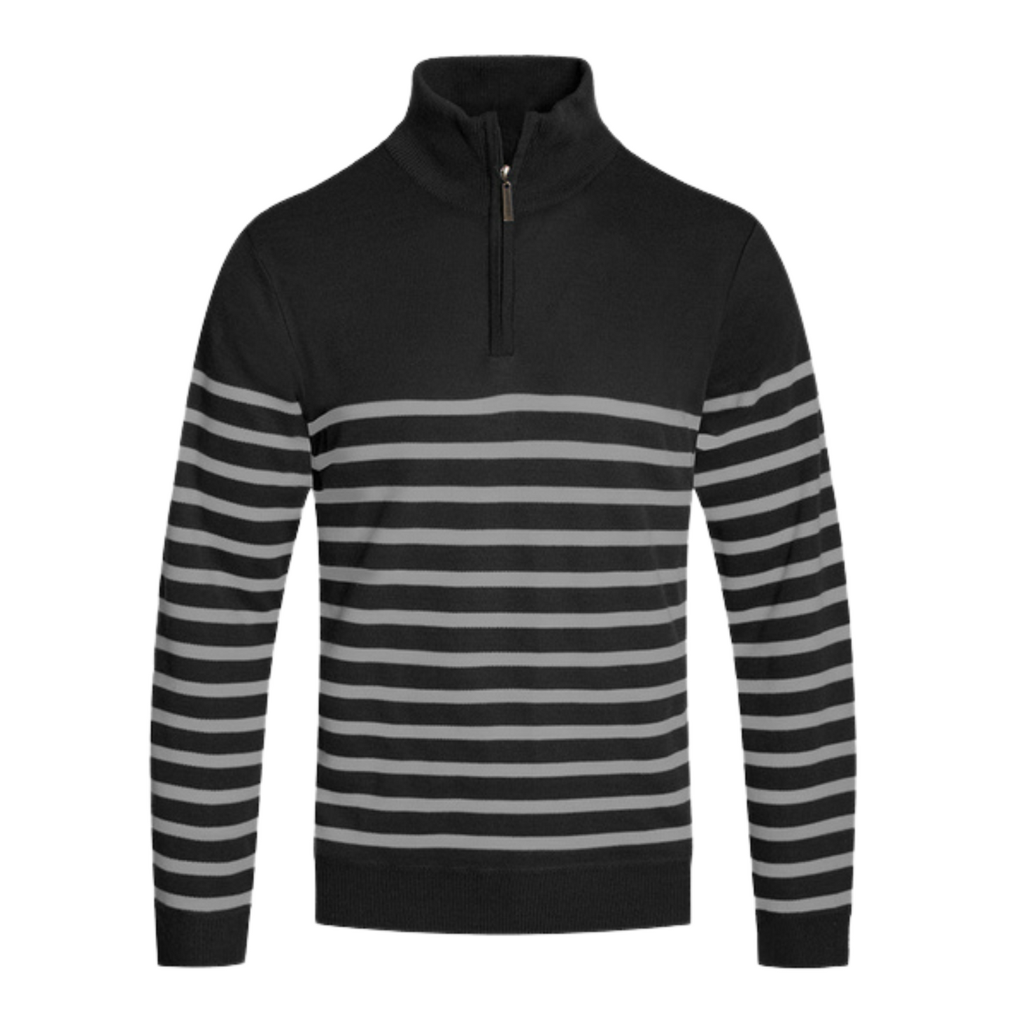 Men's Casual Quarter Zip Black and Gray Stripes Sweater - Ash and Chrome Clothing Co LLC
