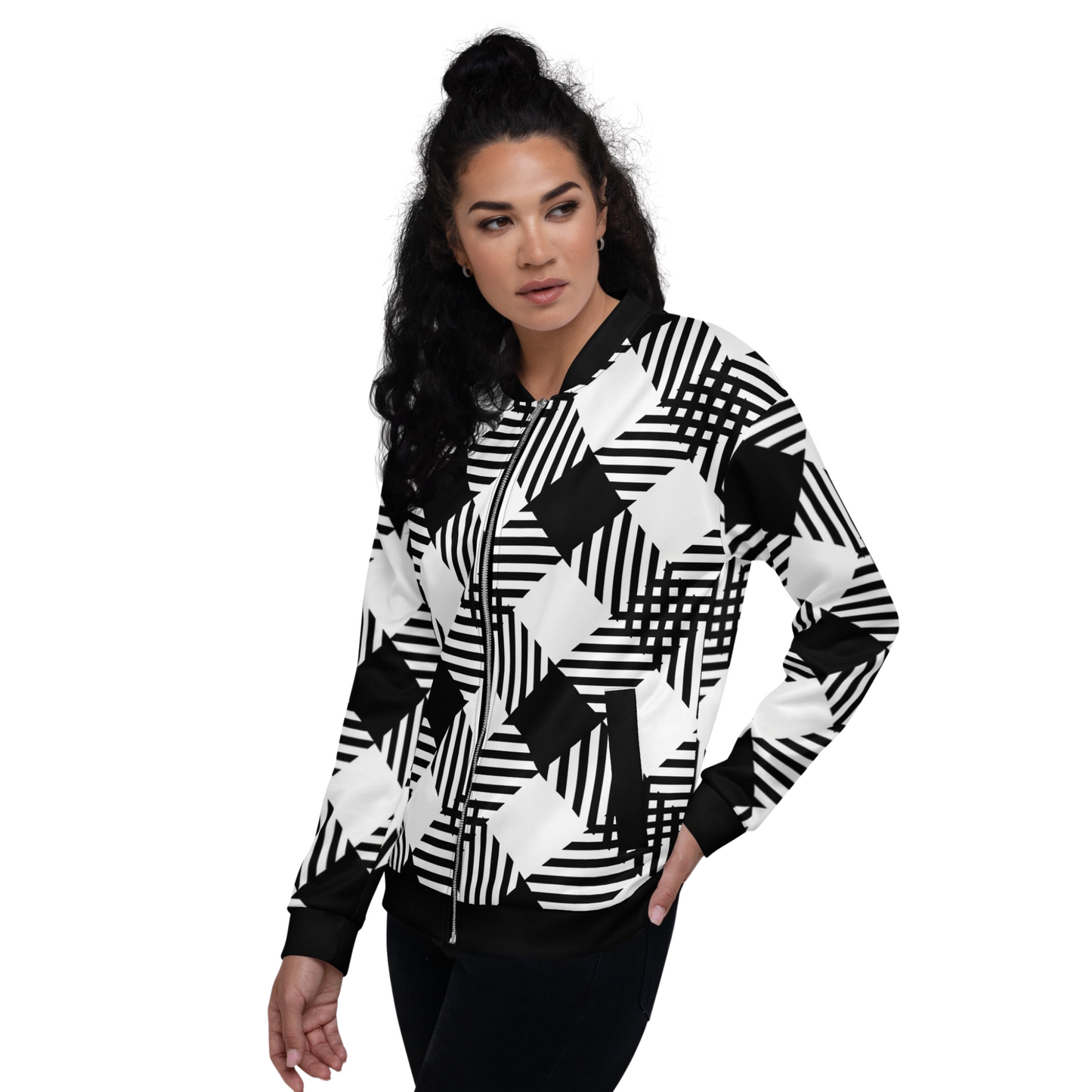 Women's Black and White Plaid Pocket Bomber - Ash and Chrome Clothing Co LLC