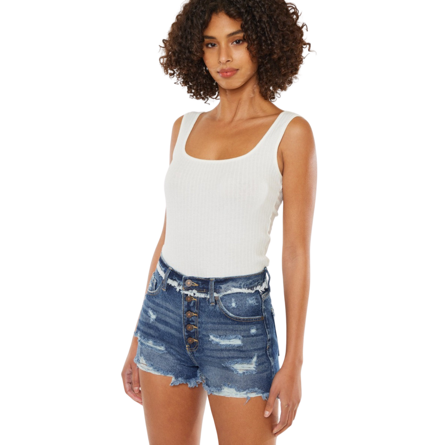 Women's Distressed Button Fly Denim Shorts by Risen with raw hem, button-fly, and washed denim in a casual, trendy style, available in standard and plus sizes.