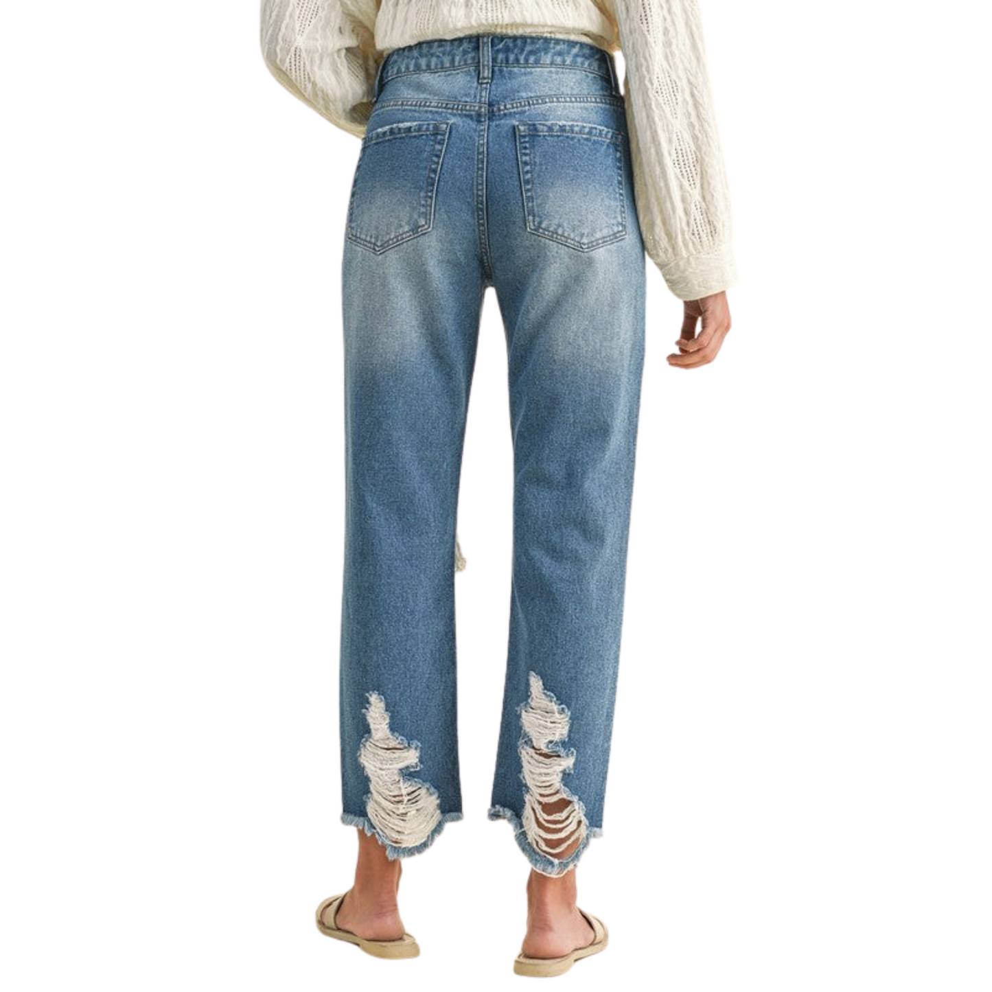Women's Distressed Denim Cropped and Whiskered Jeans by Annie with raw hem and vintage detailing for a stylish, casual look. Available in sizes Small to Extra Large