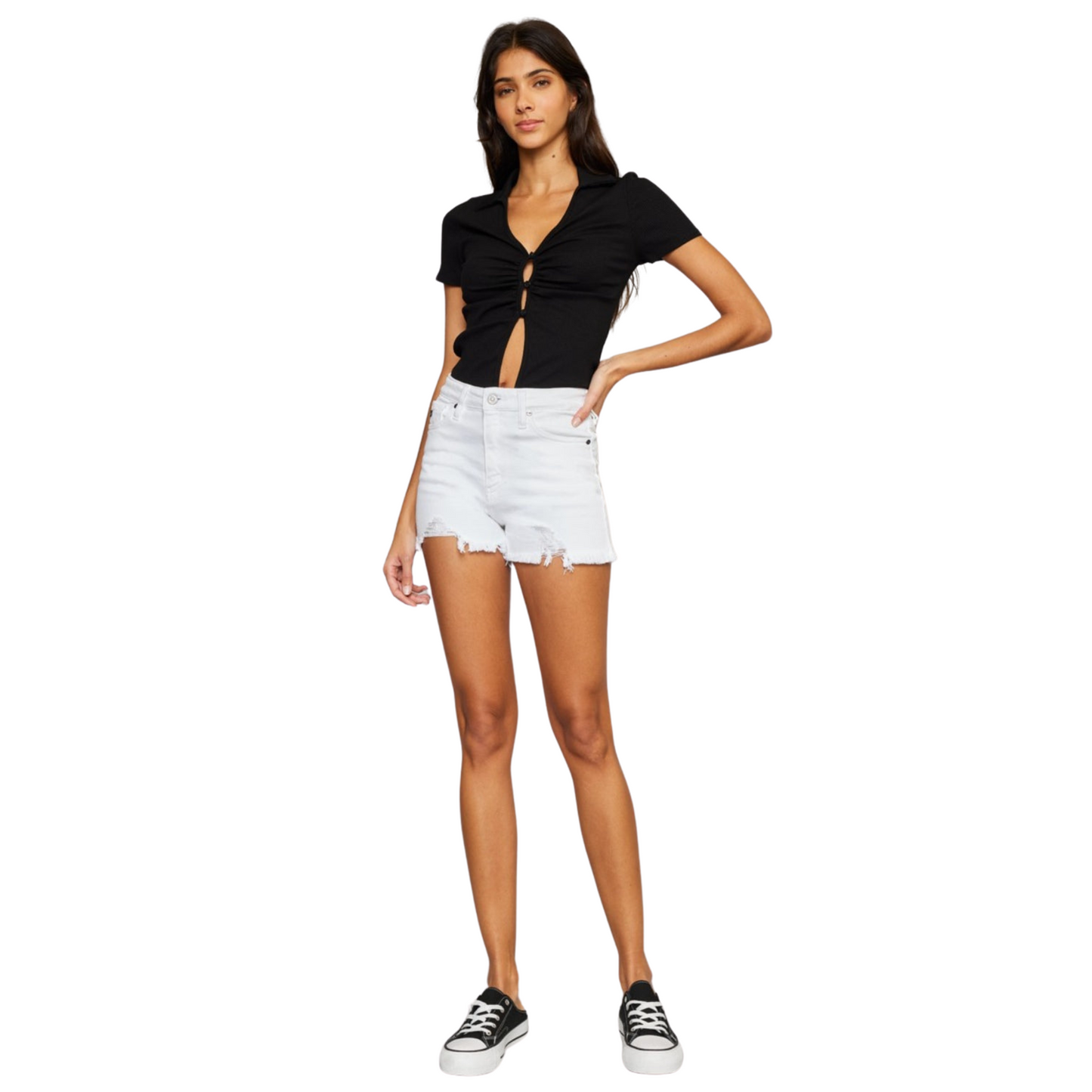 Women's High Rise Frayed White Denim Shorts by Kancan with flattering high-rise fit, frayed hem, and pockets for a stylish and casual summer look.