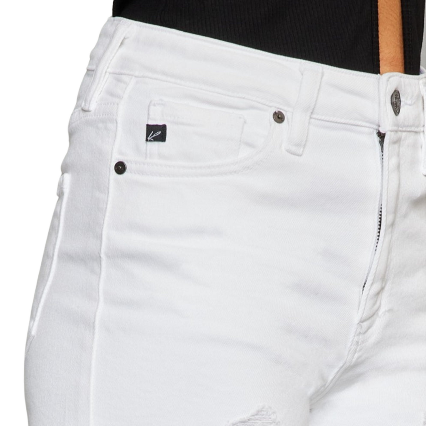 Women's High Rise Frayed White Denim Shorts by Kancan with flattering high-rise fit, frayed hem, and pockets for a stylish and casual summer look.