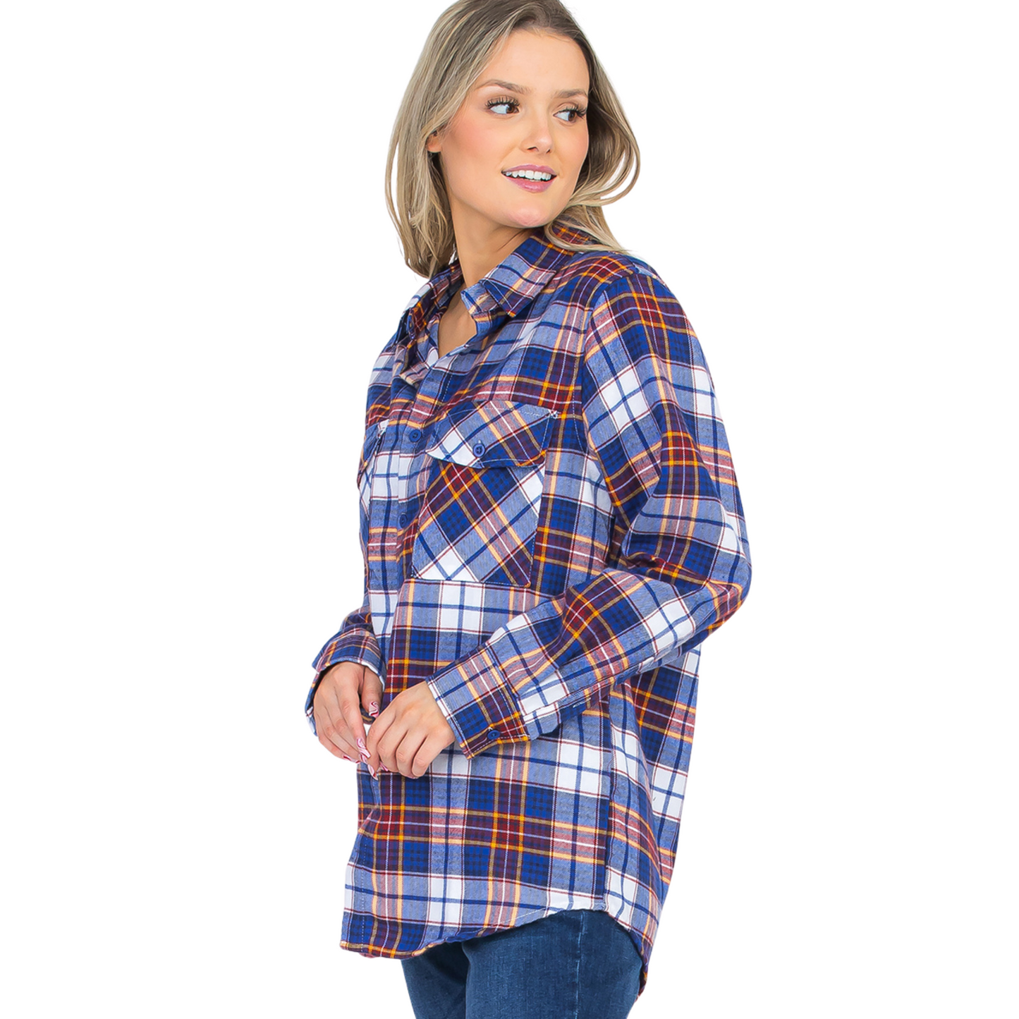 Women's Loose-Fit Button Up Pocket Flannel in Trident with red, blue, and white plaid design, button-up front, long sleeves, flat collar, and front chest pockets.