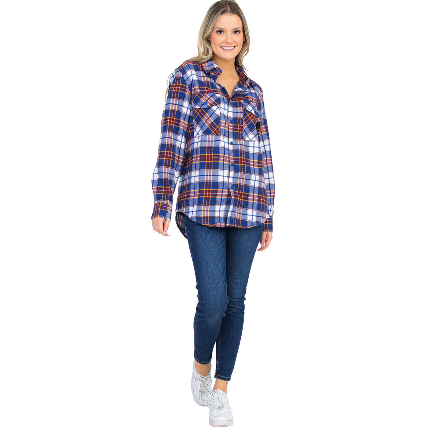 Women's Loose-Fit Button Up Pocket Flannel in Trident with red, blue, and white plaid design, button-up front, long sleeves, flat collar, and front chest pockets.