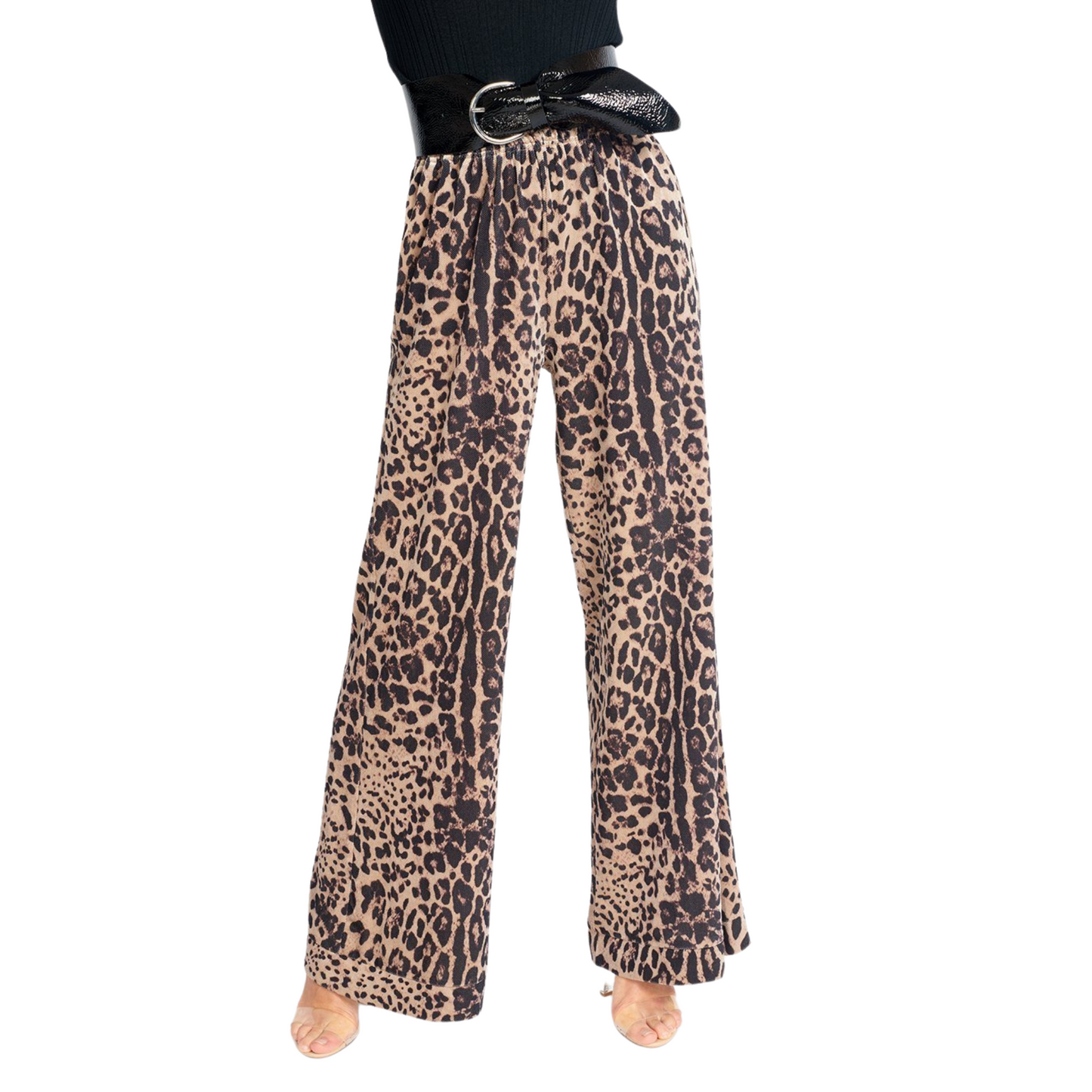 Women's Soft Luxe Leopard Print Velvet Pants with flair cut, smocked elastic waistband, pockets, and luxurious velvet fabric featuring a bold leopard print design.