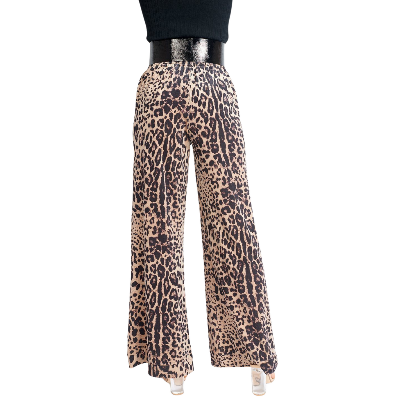 Women's Soft Luxe Leopard Print Velvet Pants with flair cut, smocked elastic waistband, pockets, and luxurious velvet fabric featuring a bold leopard print design.