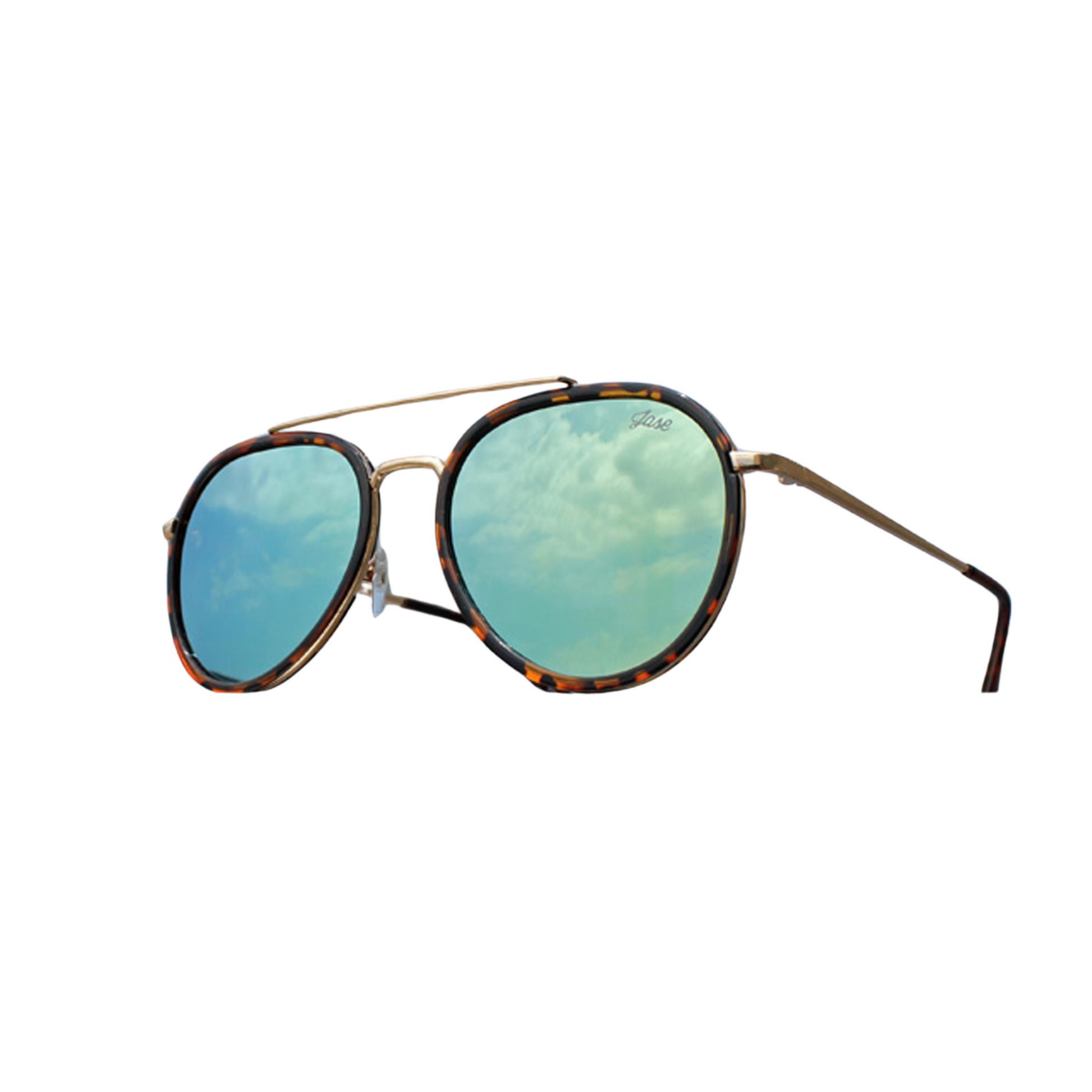Classic Stark Havana Gold Mirror Lens Sunglasses by JNY with reflective gold mirror lenses, metal alloy frame, and metal trim above the bridge.