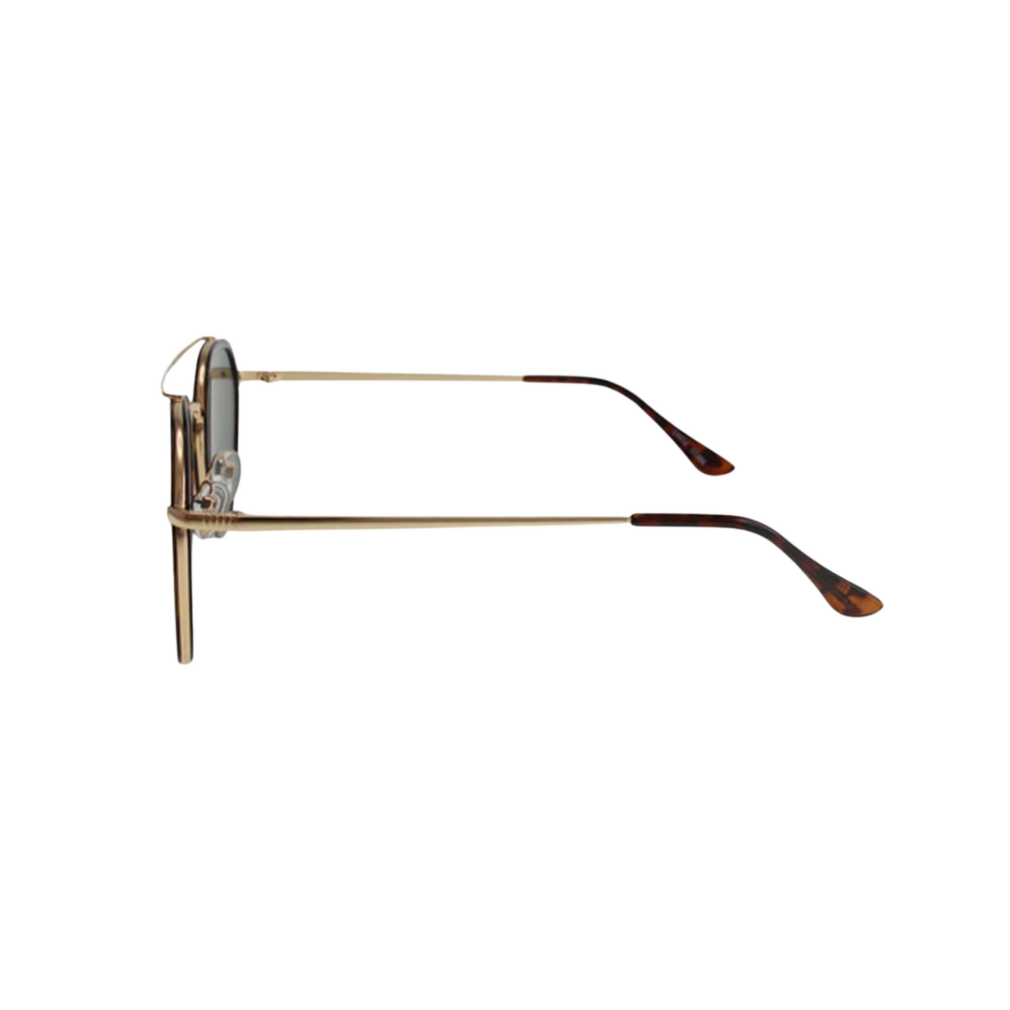 Classic Stark Havana Gold Mirror Lens Sunglasses by JNY with reflective gold mirror lenses, metal alloy frame, and metal trim above the bridge.