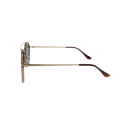 Classic Stark Havana Gold Mirror Lens Sunglasses by JNY with reflective gold mirror lenses, metal alloy frame, and metal trim above the bridge.
