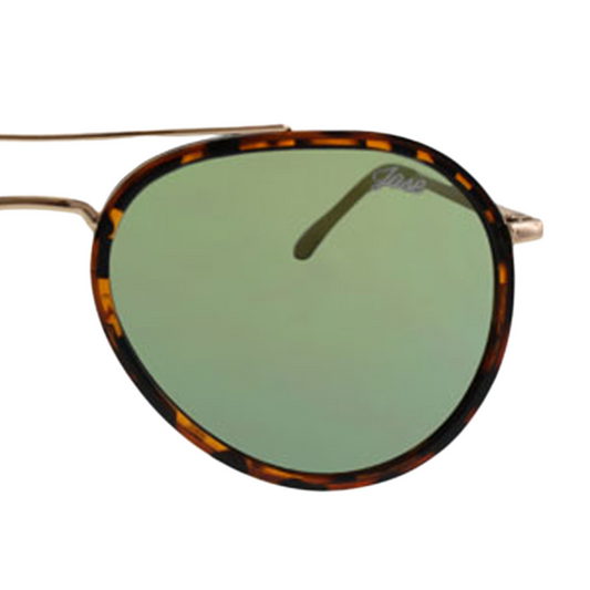 Classic Stark Havana Gold Mirror Lens Sunglasses by JNY with reflective gold mirror lenses, metal alloy frame, and metal trim above the bridge.