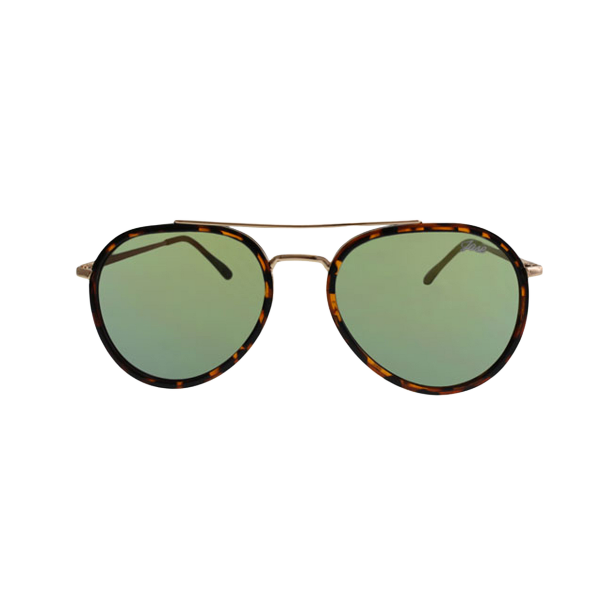 Classic Stark Havana Gold Mirror Lens Sunglasses by JNY with reflective gold mirror lenses, metal alloy frame, and metal trim above the bridge.