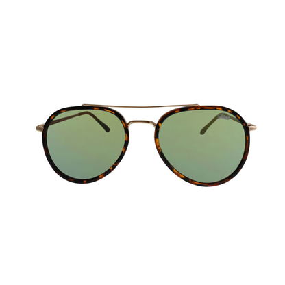 Classic Stark Havana Gold Mirror Lens Sunglasses by JNY with reflective gold mirror lenses, metal alloy frame, and metal trim above the bridge.