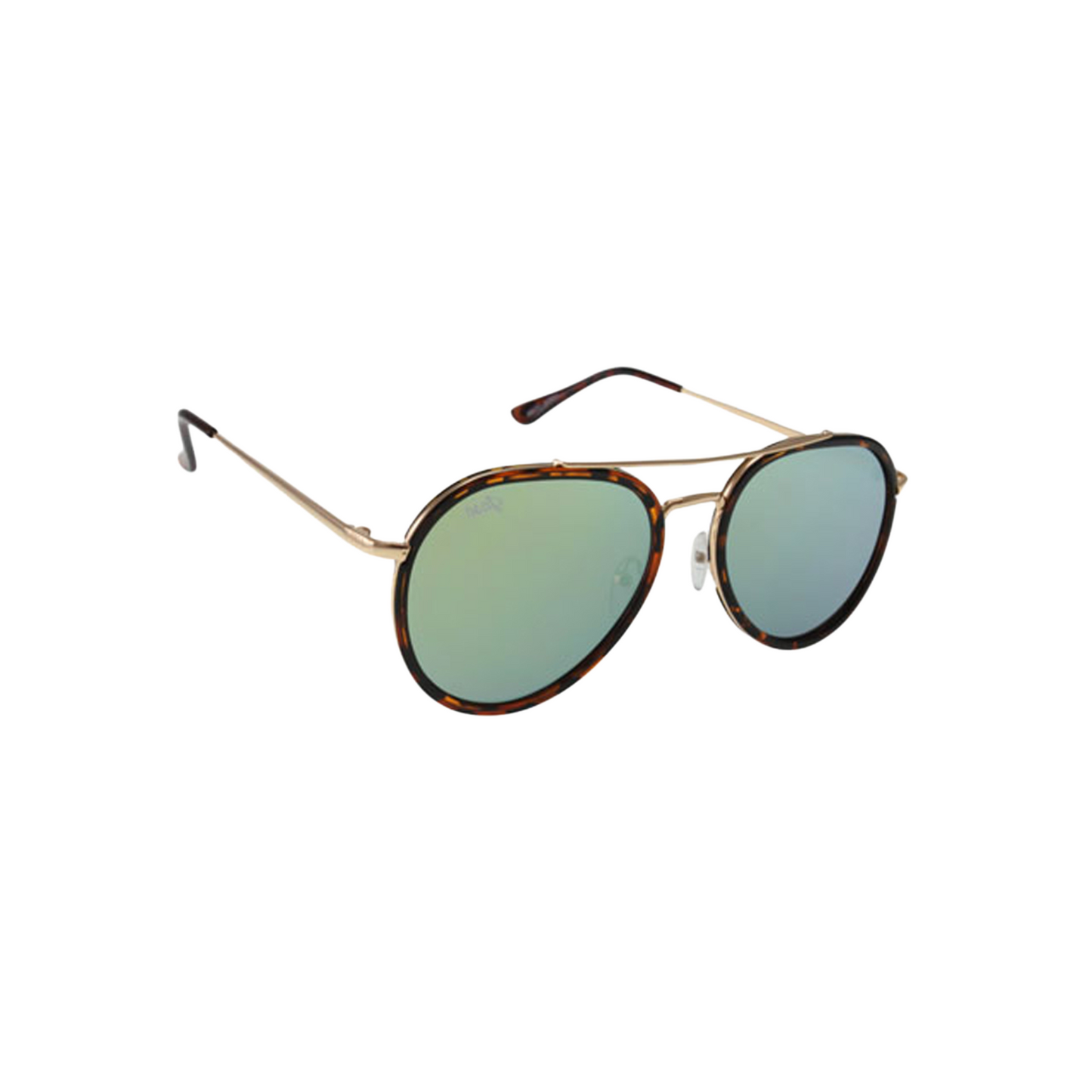 Classic Stark Havana Gold Mirror Lens Sunglasses by JNY with reflective gold mirror lenses, metal alloy frame, and metal trim above the bridge.