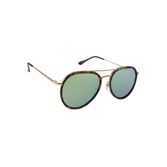 Classic Stark Havana Gold Mirror Lens Sunglasses by JNY with reflective gold mirror lenses, metal alloy frame, and metal trim above the bridge.