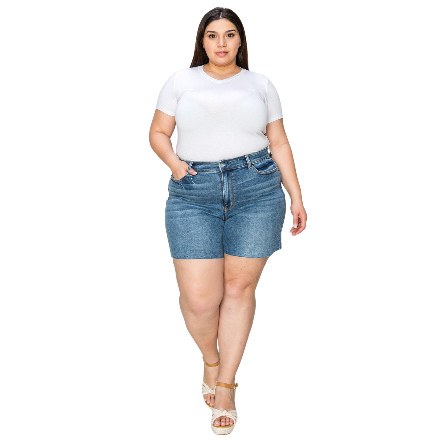 Judy Blue Full Size High Waist Slim Denim Shorts – stylish high-waisted, slim-fit denim shorts with a flattering silhouette, slightly stretchy fabric, and versatile design.
