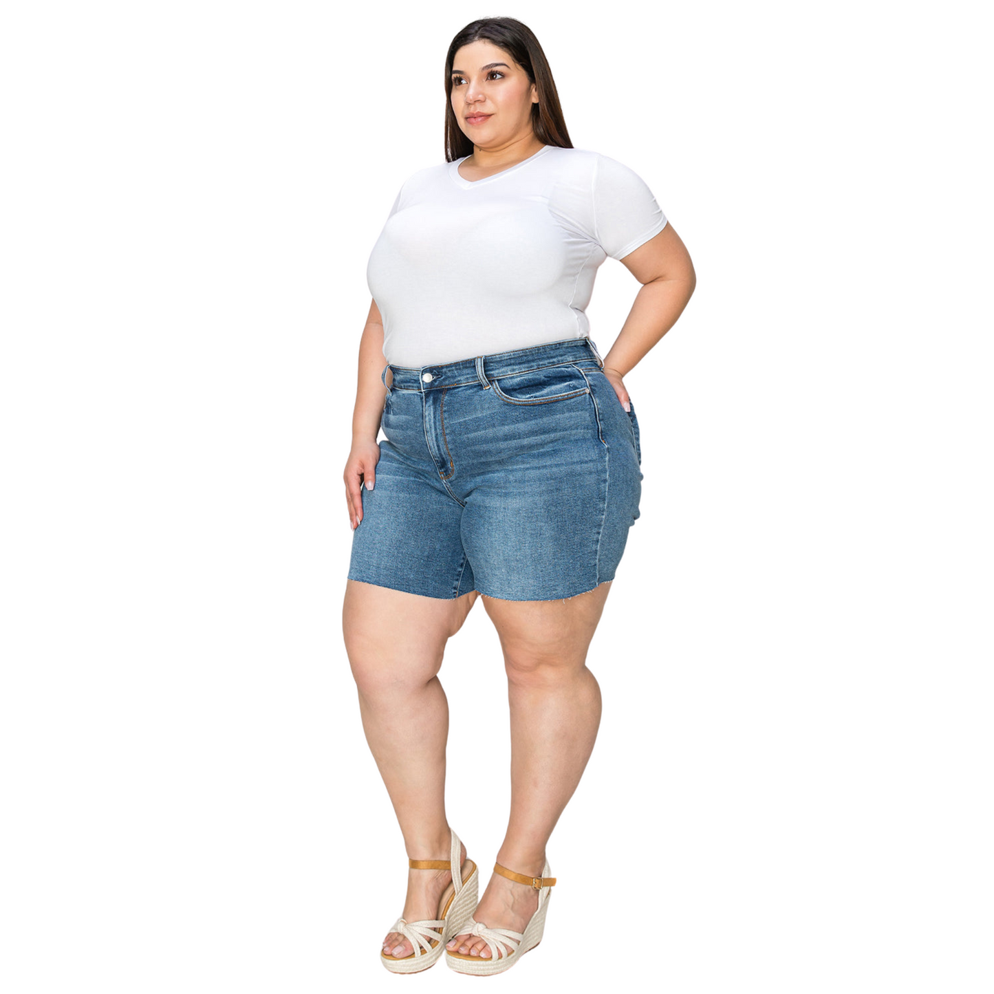 Judy Blue Full Size High Waist Slim Denim Shorts – stylish high-waisted, slim-fit denim shorts with a flattering silhouette, slightly stretchy fabric, and versatile design.