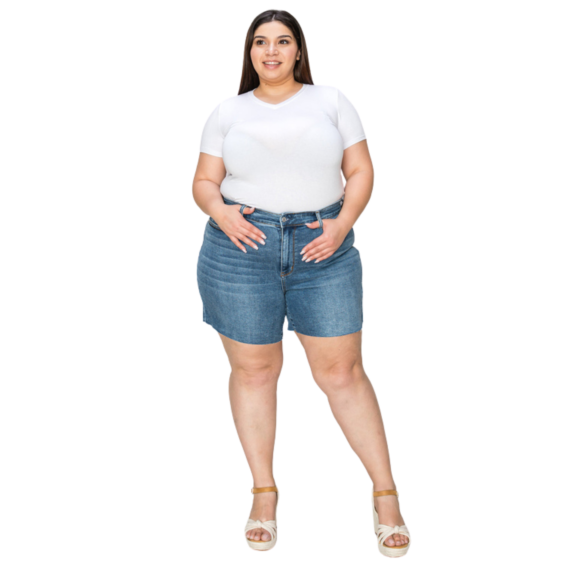 Judy Blue Full Size High Waist Slim Denim Shorts – stylish high-waisted, slim-fit denim shorts with a flattering silhouette, slightly stretchy fabric, and versatile design.