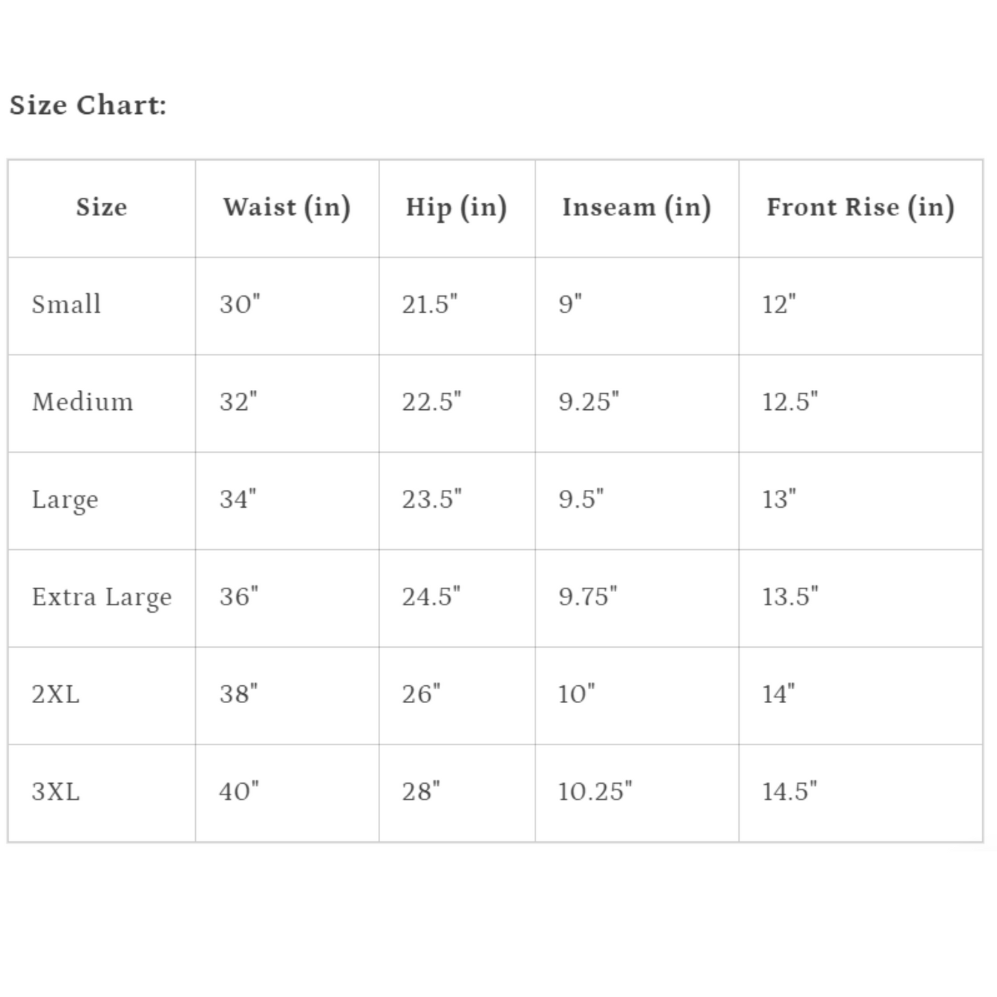 size chart