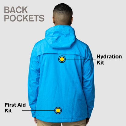 Men's Apricoat Adventurer 2.0 Weatherproof Rain Jacket in sky blue, featuring 16 integrated pockets, built-in gloves, and made from recycled materials.