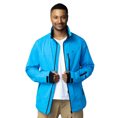 Men's Apricoat Adventurer 2.0 Weatherproof Rain Jacket in sky blue, featuring 16 integrated pockets, built-in gloves, and made from recycled materials.