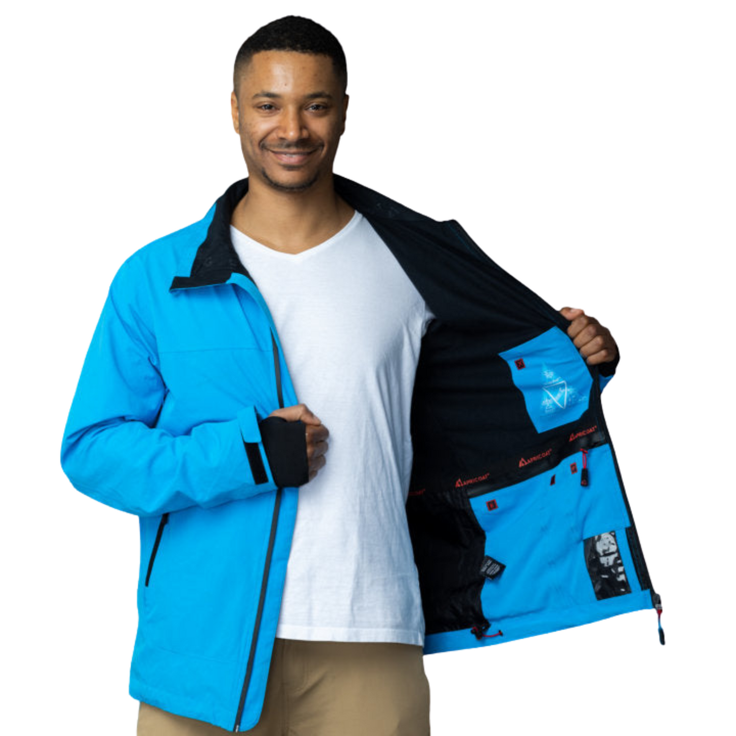 Men's Apricoat Adventurer 2.0 Weatherproof Rain Jacket in sky blue, featuring 16 integrated pockets, built-in gloves, and made from recycled materials.
