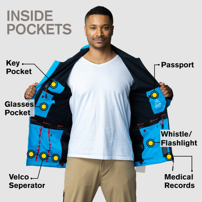 Men's Apricoat Adventurer 2.0 Weatherproof Rain Jacket in sky blue, featuring 16 integrated pockets, built-in gloves, and made from recycled materials.