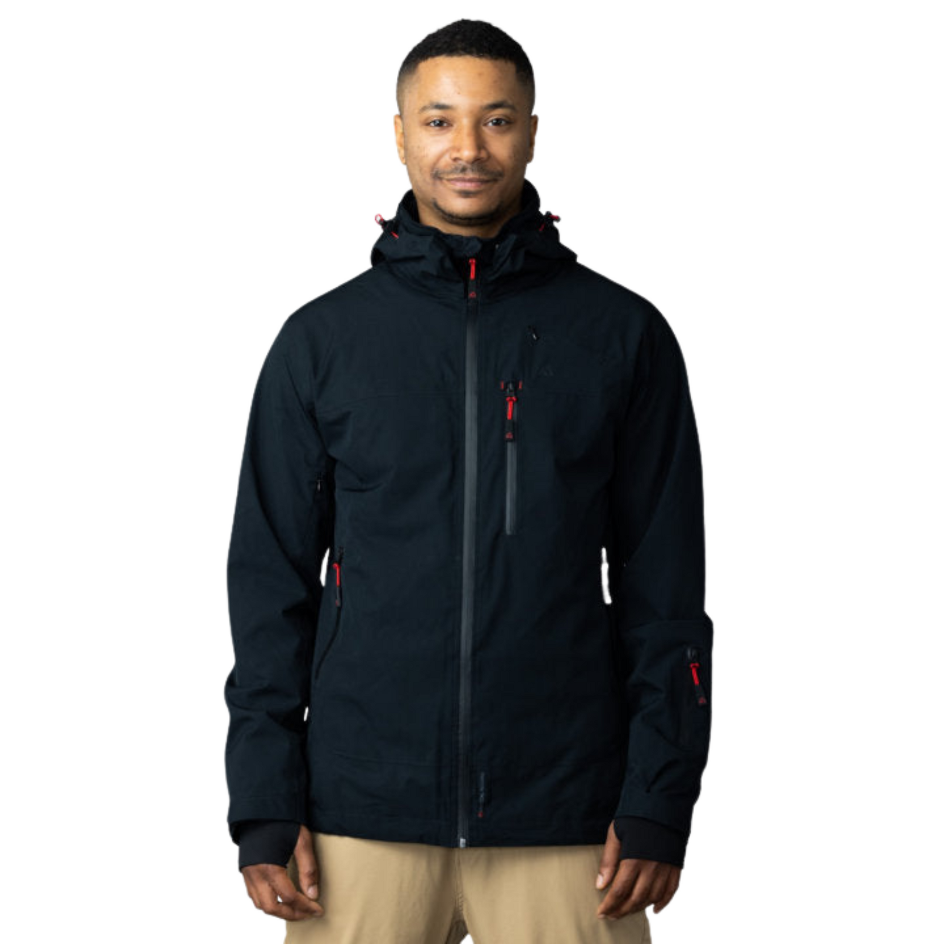 Men's Apricoat Adventurer 2.0 Weatherproof Rain Jacket in Black, featuring 16 integrated pockets, waterproof and windproof design, and built-in gloves for outdoor adventurers.