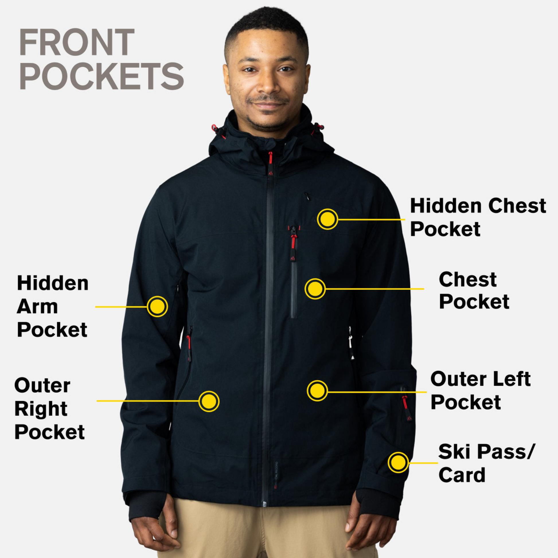 Men's Apricoat Adventurer 2.0 Weatherproof Rain Jacket in Black, featuring 16 integrated pockets, waterproof and windproof design, and built-in gloves for outdoor adventurers.