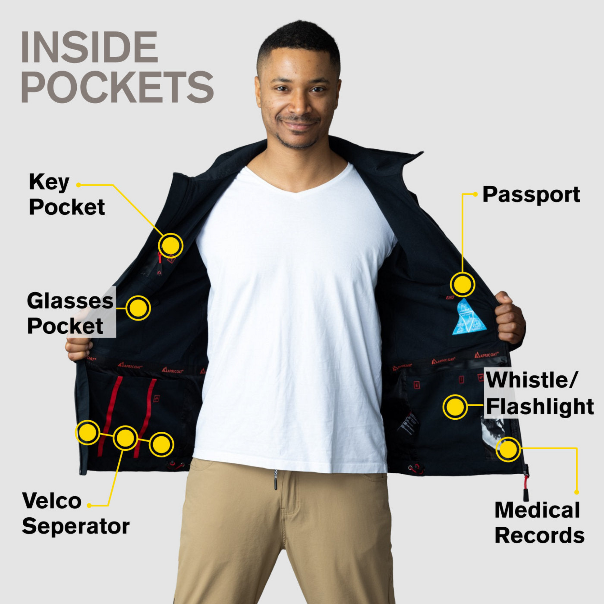 Men's Apricoat Adventurer 2.0 Weatherproof Rain Jacket in Black, featuring 16 integrated pockets, waterproof and windproof design, and built-in gloves for outdoor adventurers.