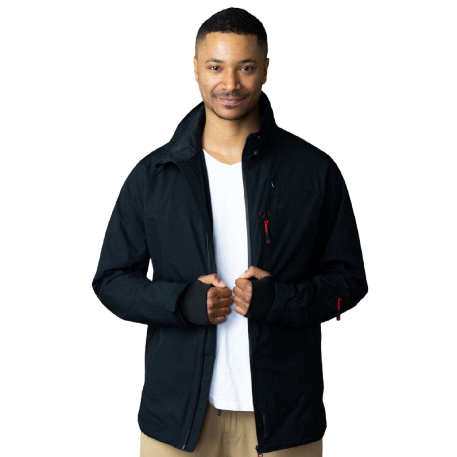 Men's Apricoat Adventurer 2.0 Weatherproof Rain Jacket in Black, featuring 16 integrated pockets, waterproof and windproof design, and built-in gloves for outdoor adventurers.