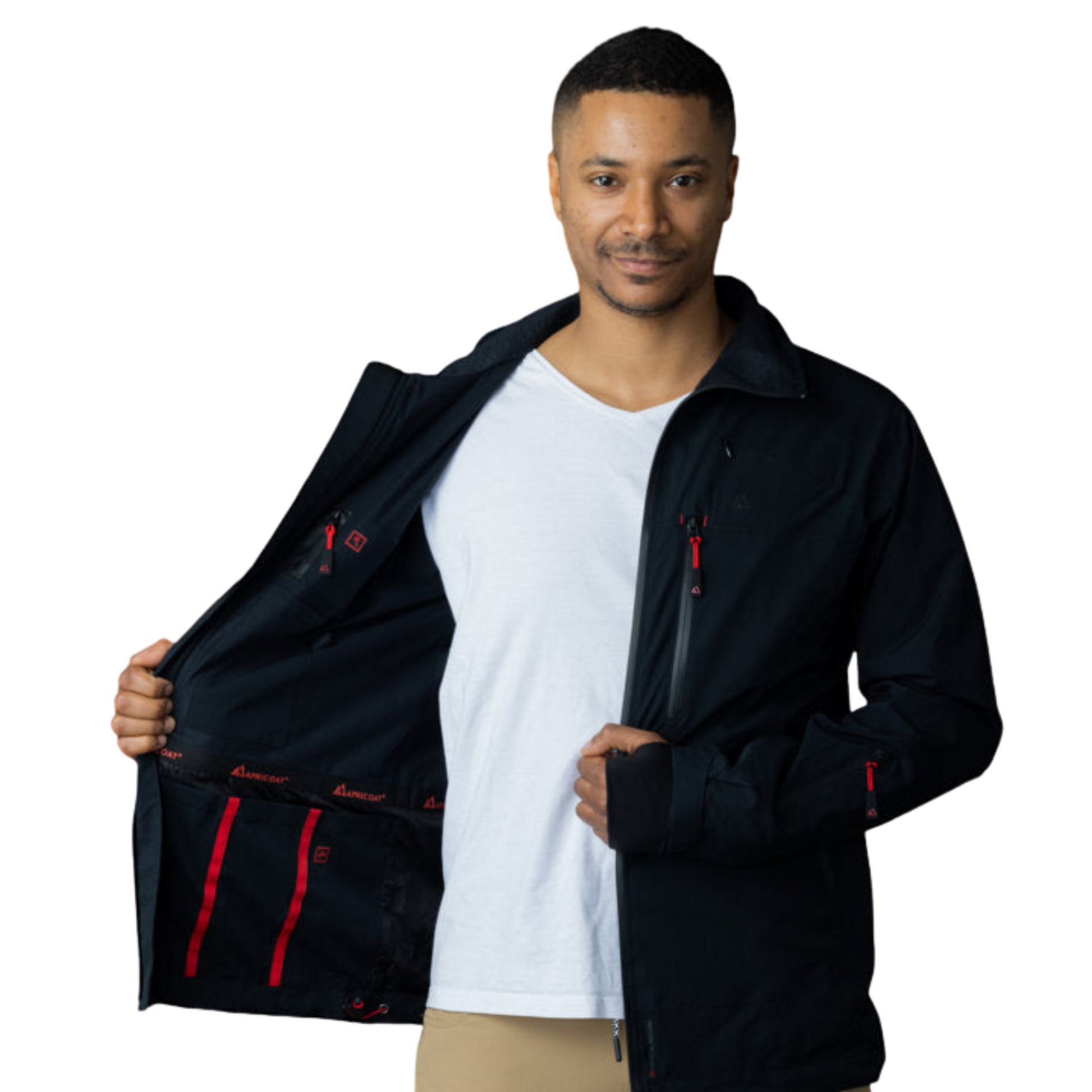 Men's Apricoat Adventurer 2.0 Weatherproof Rain Jacket in Black, featuring 16 integrated pockets, waterproof and windproof design, and built-in gloves for outdoor adventurers.