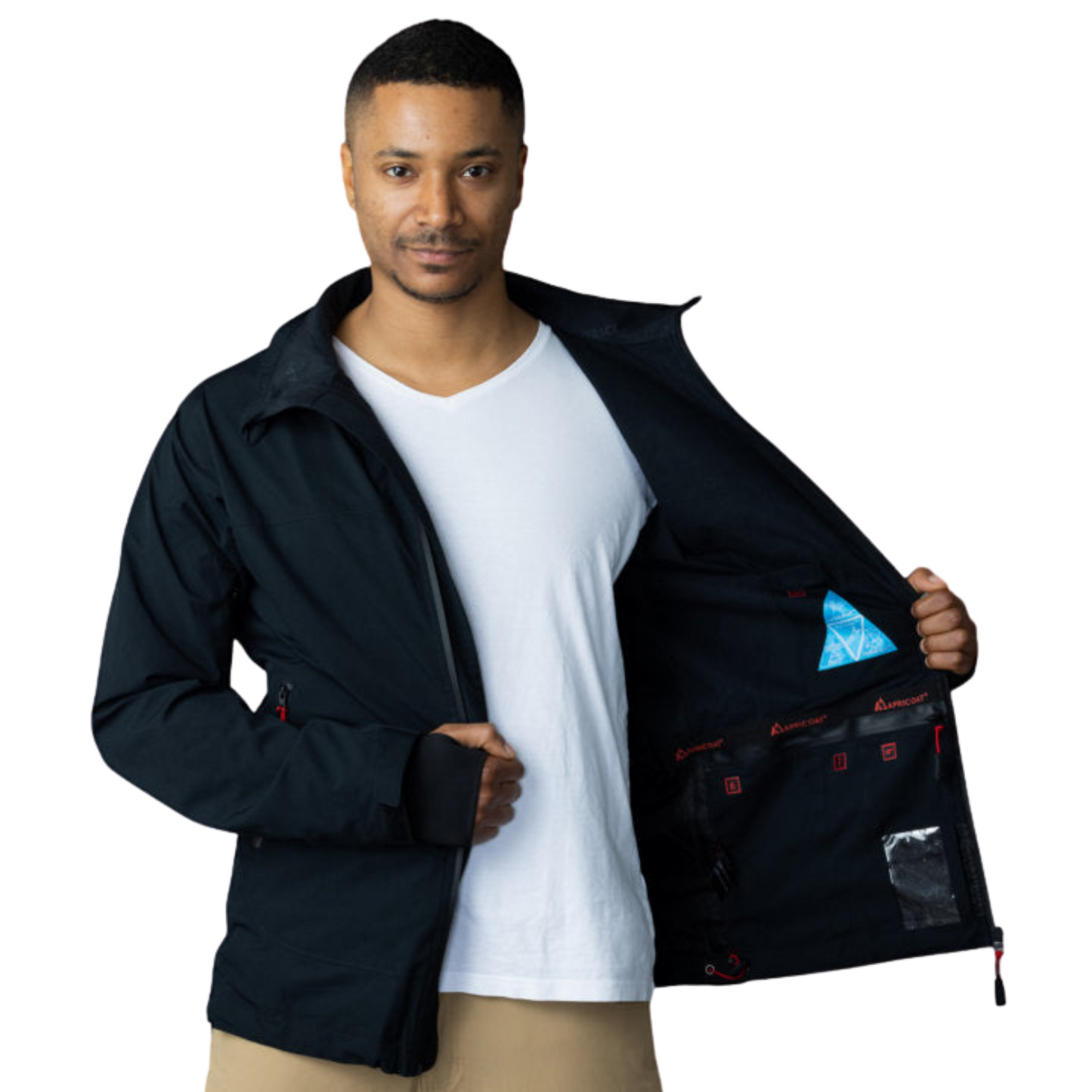 Men's Apricoat Adventurer 2.0 Weatherproof Rain Jacket in Black, featuring 16 integrated pockets, waterproof and windproof design, and built-in gloves for outdoor adventurers.