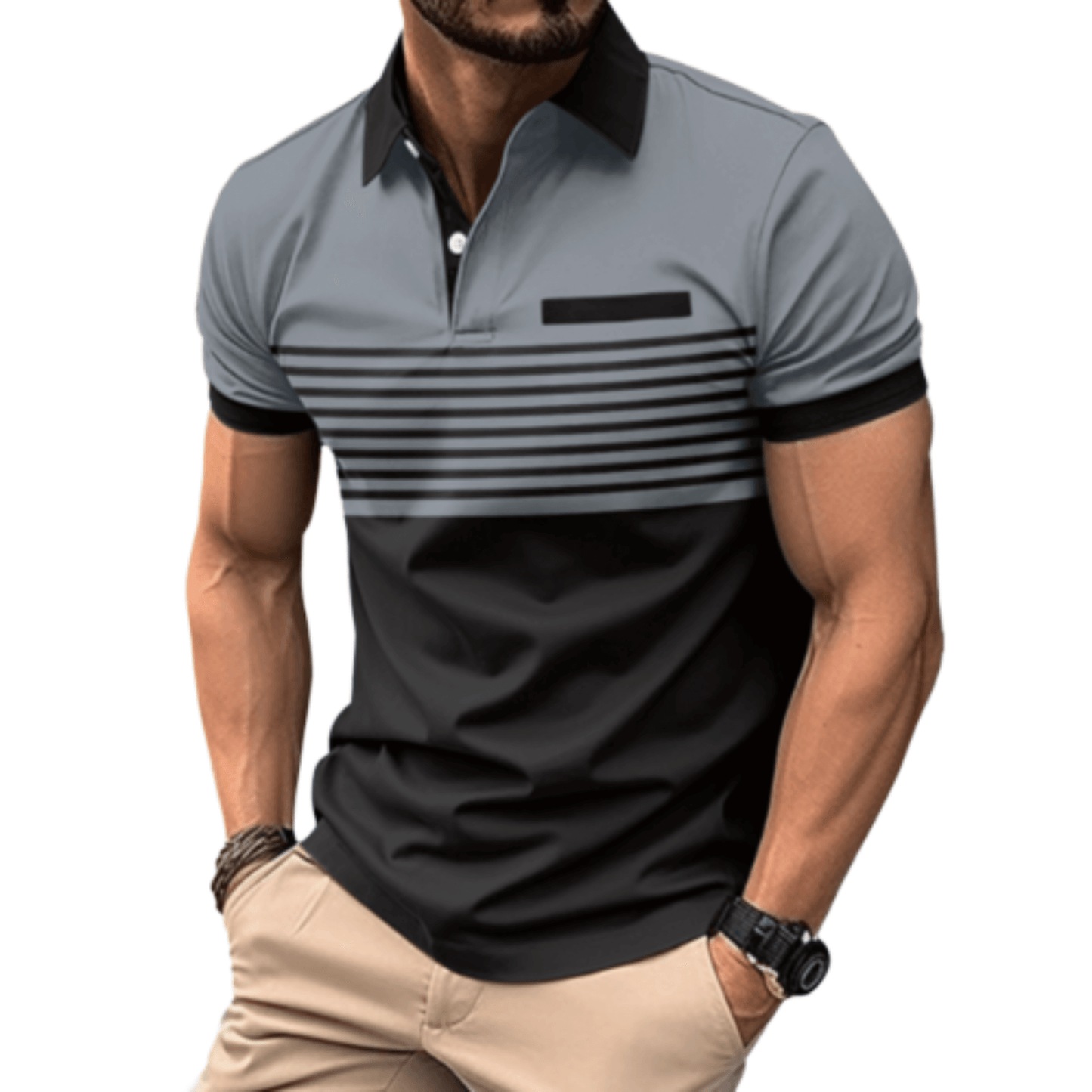 Men's Athlete Professional Golf Striped Slim-Fit Polo Shirt with black collar and horizontal stripes, available in five colors: White, Gray, Red, Khaki, and Army Green.