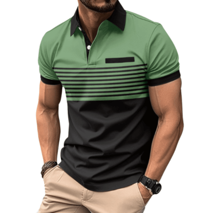 Men's Athlete Professional Golf Striped Slim-Fit Polo Shirt with black collar and horizontal stripes, available in five colors: White, Gray, Red, Khaki, and Army Green.