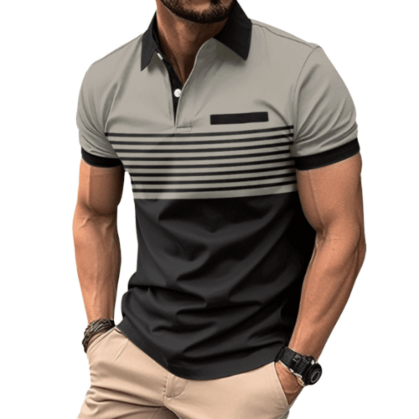 Men's Athlete Professional Golf Striped Slim-Fit Polo Shirt with black collar and horizontal stripes, available in five colors: White, Gray, Red, Khaki, and Army Green.