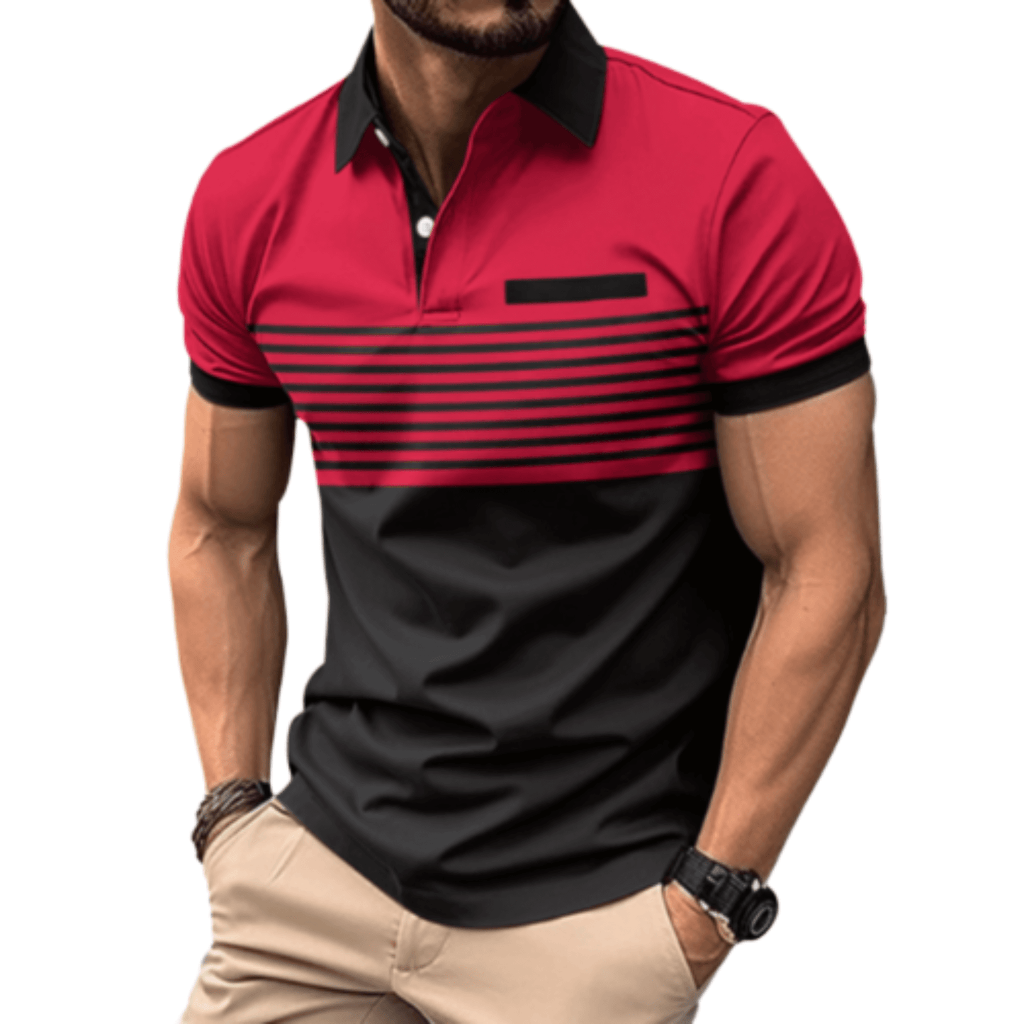 Men's Athlete Professional Golf Striped Slim-Fit Polo Shirt with black collar and horizontal stripes, available in five colors: White, Gray, Red, Khaki, and Army Green.
