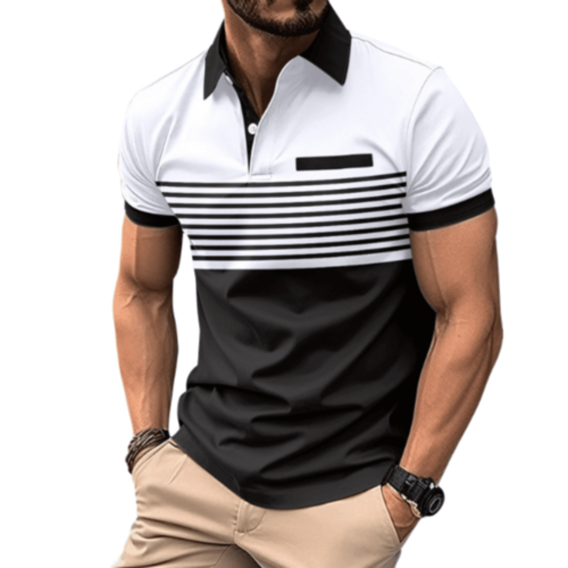 Men's Athlete Professional Golf Striped Slim-Fit Polo Shirt with black collar and horizontal stripes, available in five colors: White, Gray, Red, Khaki, and Army Green.