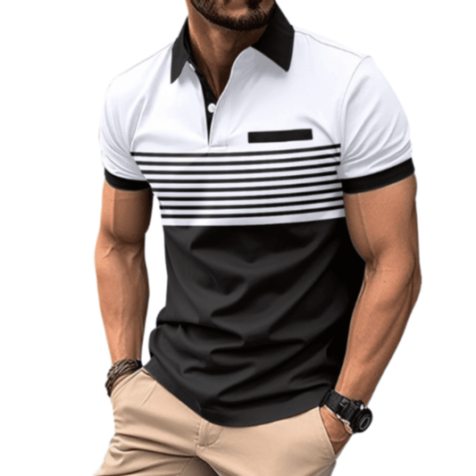 Men's Athlete Professional Golf Striped Slim-Fit Polo Shirt with black collar and horizontal stripes, available in five colors: White, Gray, Red, Khaki, and Army Green.