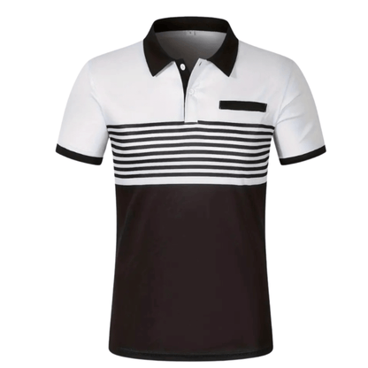 Men's Athlete Professional Golf Striped Slim-Fit Polo Shirt with black collar and horizontal stripes, available in five colors: White, Gray, Red, Khaki, and Army Green.
