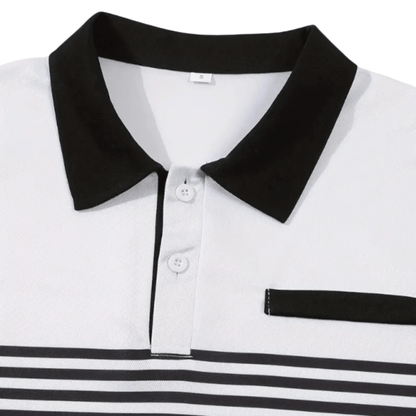 Men's Athlete Professional Golf Striped Slim-Fit Polo Shirt with black collar and horizontal stripes, available in five colors: White, Gray, Red, Khaki, and Army Green.