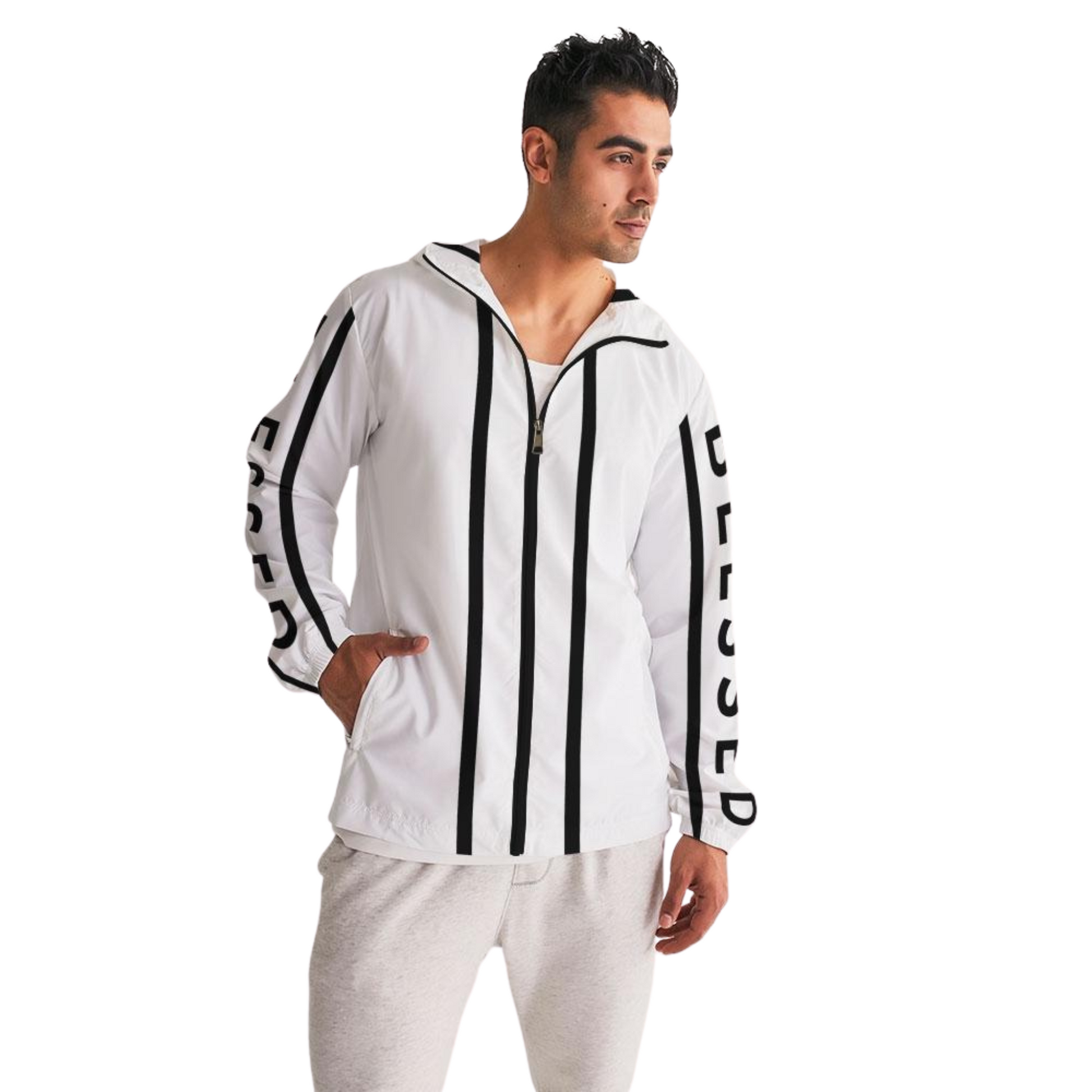 Men's Black on White Blessed Hooded Windbreaker Jacket with black "Blessed" prints along the sleeves, lightweight, water-resistant fabric, and a full mesh lining for added breathability. 