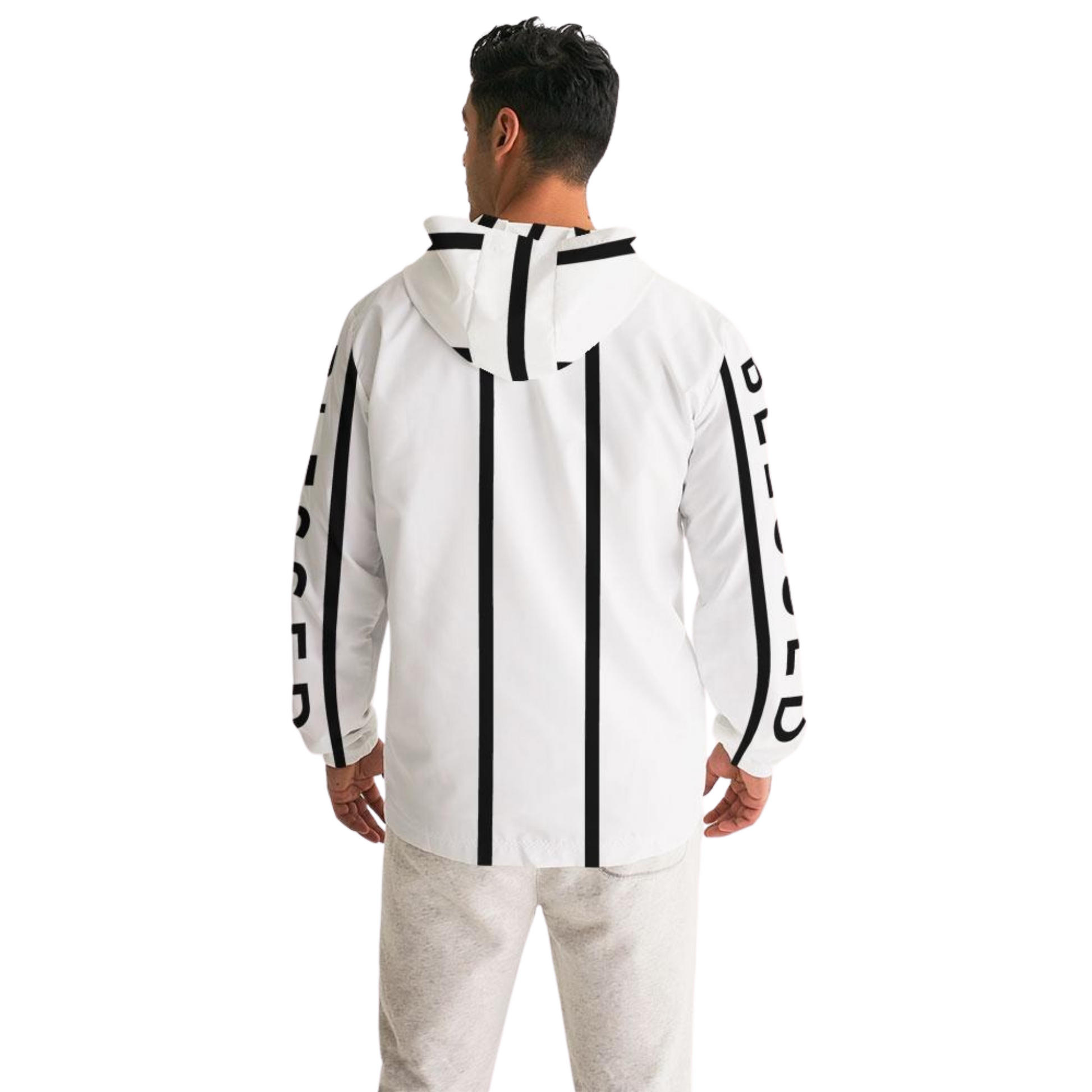 Men's Black on White Blessed Hooded Windbreaker Jacket with black "Blessed" prints along the sleeves, lightweight, water-resistant fabric, and a full mesh lining for added breathability. 