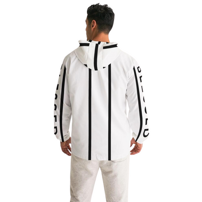 Men's Black on White Blessed Hooded Windbreaker Jacket with black "Blessed" prints along the sleeves, lightweight, water-resistant fabric, and a full mesh lining for added breathability. 