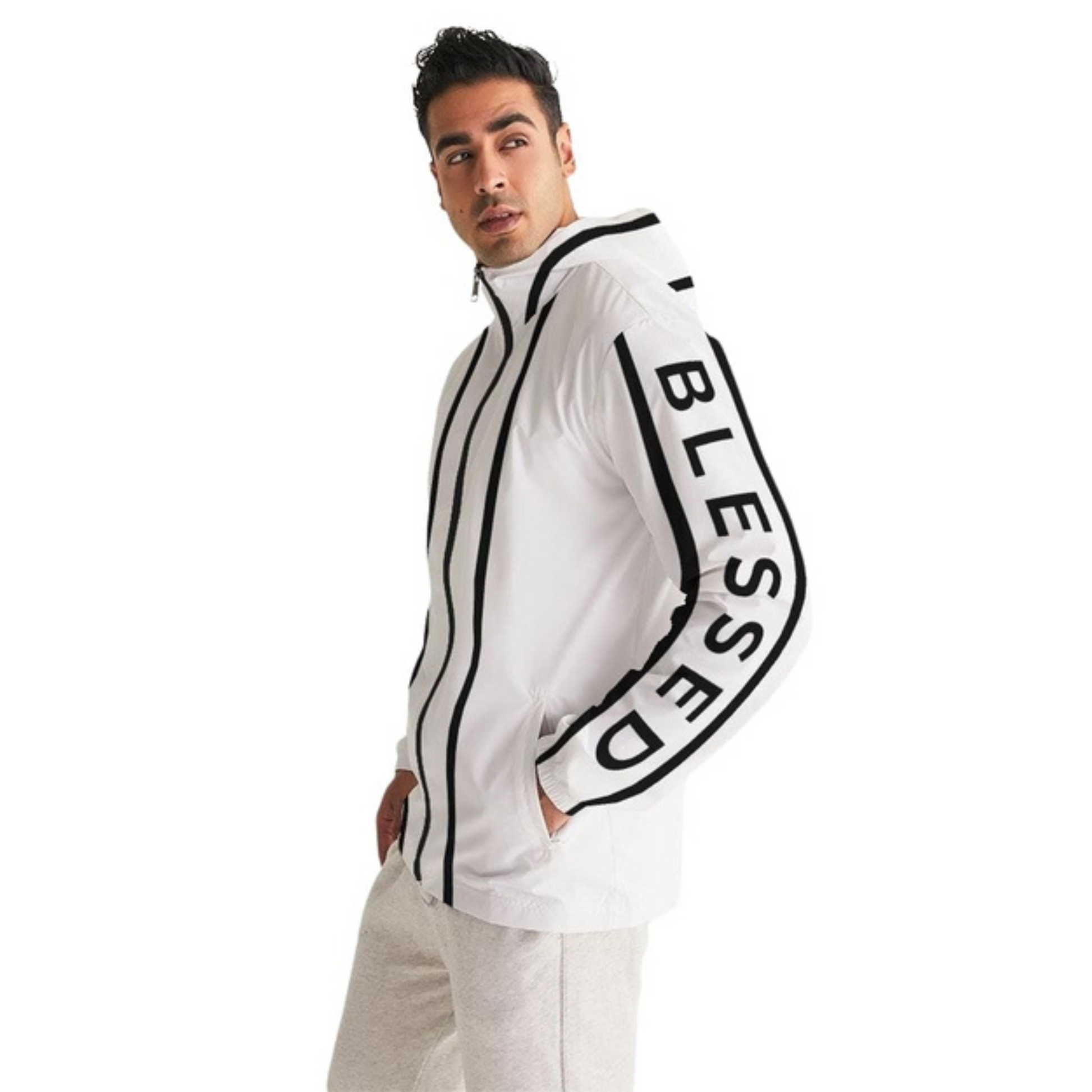 Men's Black on White Blessed Hooded Windbreaker Jacket with black "Blessed" prints along the sleeves, lightweight, water-resistant fabric, and a full mesh lining for added breathability. 
