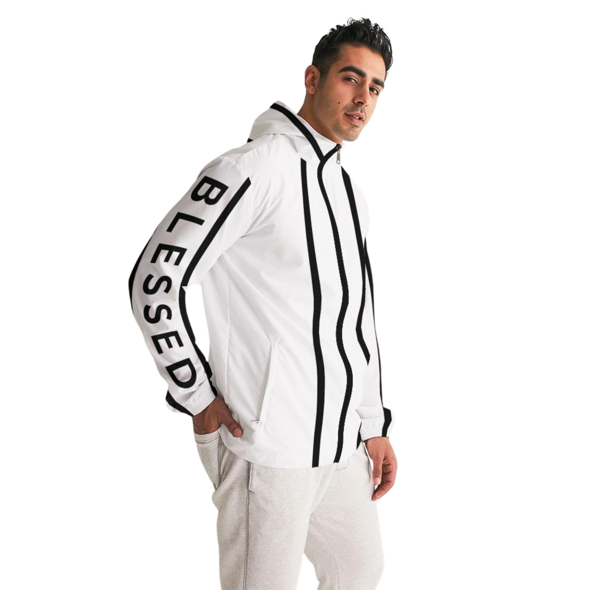 Men's Black on White Blessed Hooded Windbreaker Jacket with black "Blessed" prints along the sleeves, lightweight, water-resistant fabric, and a full mesh lining for added breathability. 