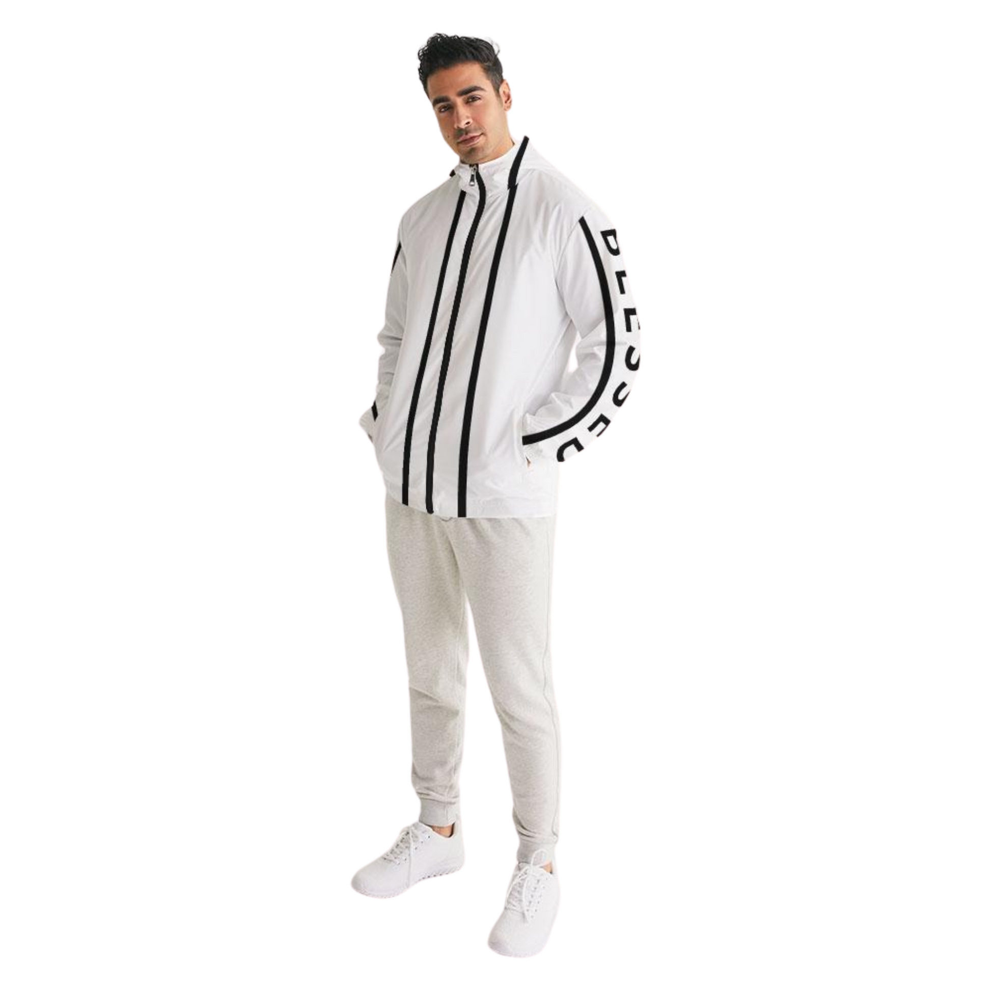 Men's Black on White Blessed Hooded Windbreaker Jacket with black "Blessed" prints along the sleeves, lightweight, water-resistant fabric, and a full mesh lining for added breathability. 