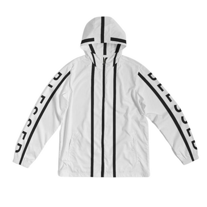 Men's Black on White Blessed Hooded Windbreaker Jacket with black "Blessed" prints along the sleeves, lightweight, water-resistant fabric, and a full mesh lining for added breathability. 