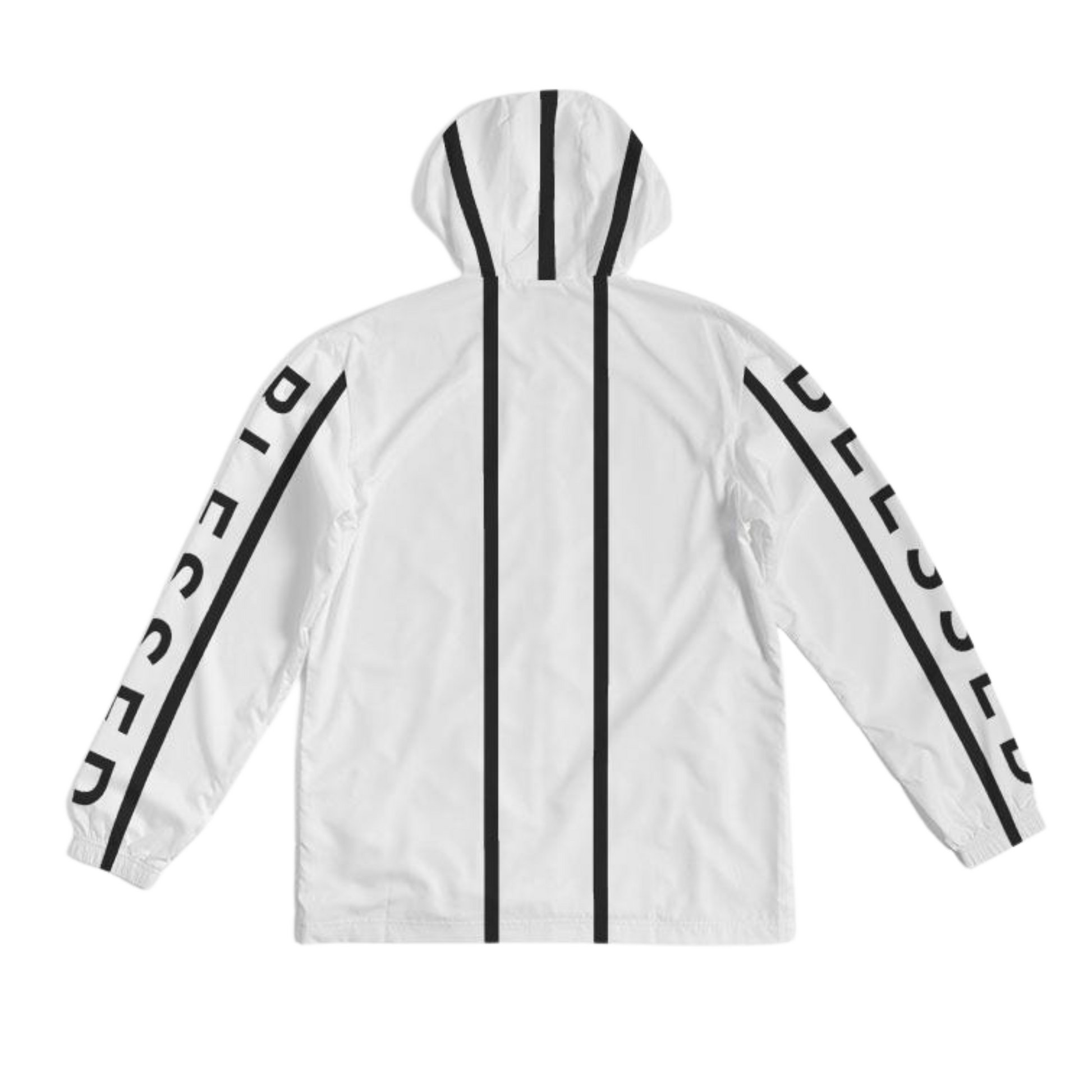 Men's Black on White Blessed Hooded Windbreaker Jacket with black "Blessed" prints along the sleeves, lightweight, water-resistant fabric, and a full mesh lining for added breathability. 